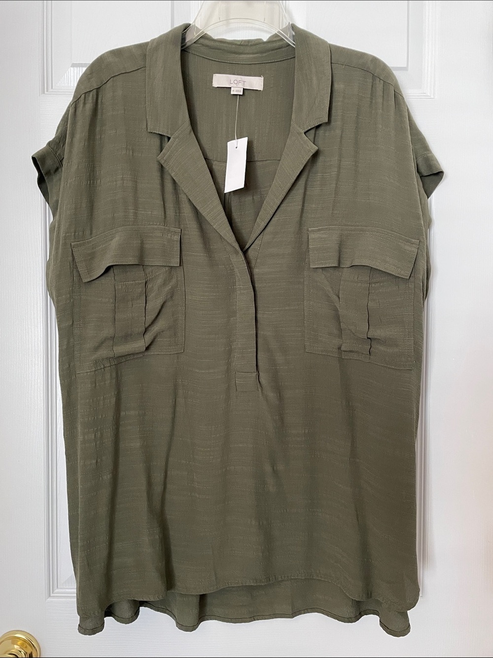 Loft Olive Color Cap Sleeve V Neck with 2 Front Pockets